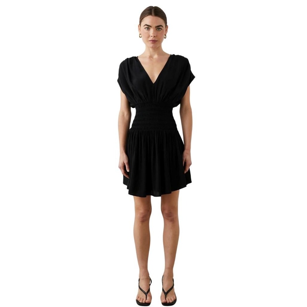 Rails Siera Short V-Neck Mini Dress Womens S Black Smocked Boho Minimalist LBD